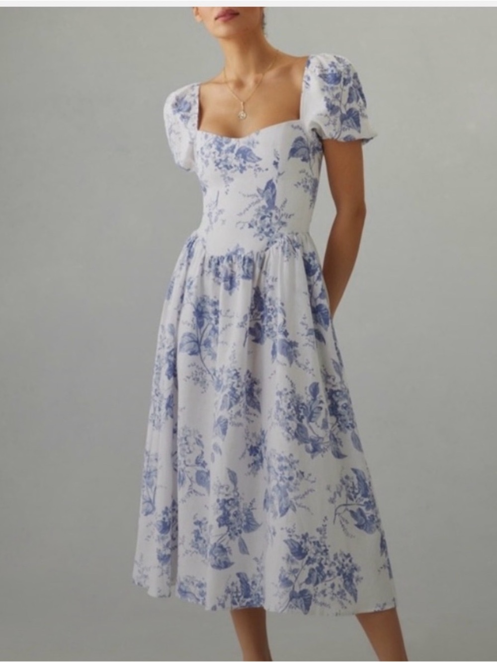 Reformation Blue Floral Square-Neck Midi Dress